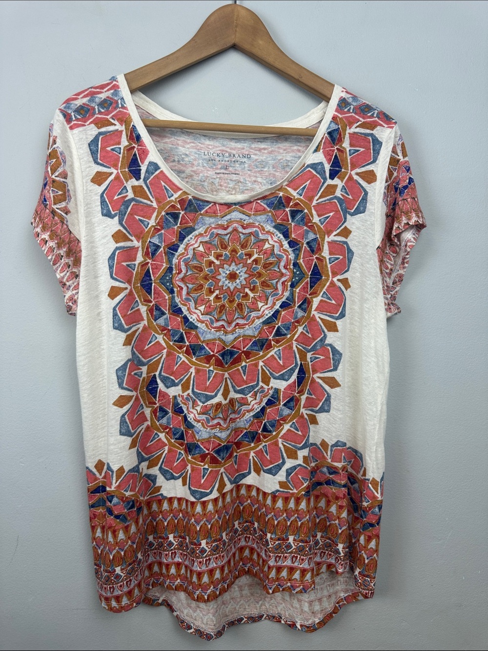 Lucky Brand Boho Linen Blend Cap Sleeve Kaleidotile Tee Sz L